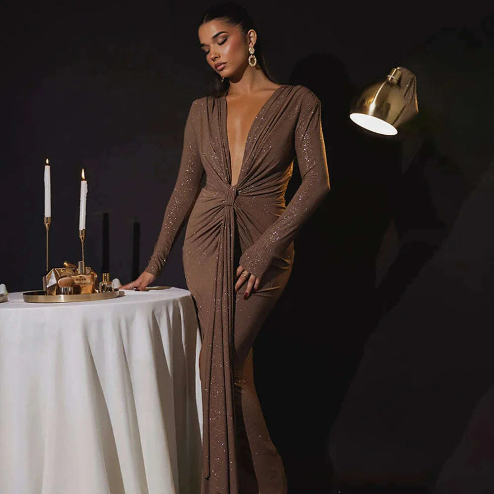 Articat Elegant Long Sleeve Elastic Tight Party Evening Dress For Women Sexy Deep V-Fold Lace Vestido Autumn/Winter New 2025