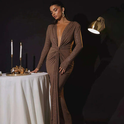 Articat Elegant Long Sleeve Elastic Tight Party Evening Dress For Women Sexy Deep V-Fold Lace Vestido Autumn/Winter New 2025