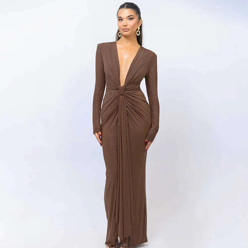 Articat Elegant Long Sleeve Elastic Tight Party Evening Dress For Women Sexy Deep V-Fold Lace Vestido Autumn/Winter New 2025