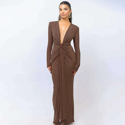 Articat Elegant Long Sleeve Elastic Tight Party Evening Dress For Women Sexy Deep V-Fold Lace Vestido Autumn/Winter New 2025