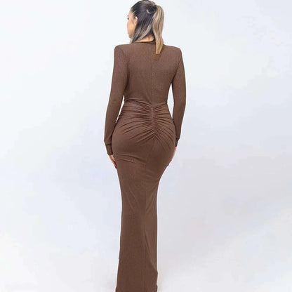 Articat Elegant Long Sleeve Elastic Tight Party Evening Dress For Women Sexy Deep V-Fold Lace Vestido Autumn/Winter New 2025