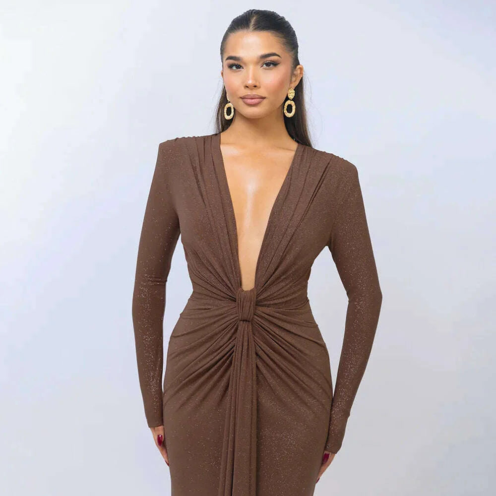 Articat Elegant Long Sleeve Elastic Tight Party Evening Dress For Women Sexy Deep V-Fold Lace Vestido Autumn/Winter New 2025