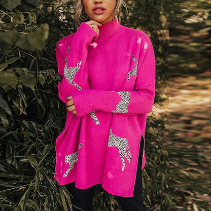 Autumn Winter Leopard Print Sweatshirt Women Turtleneck Long Sleeve Loose Blouses For Women Casual Jumper