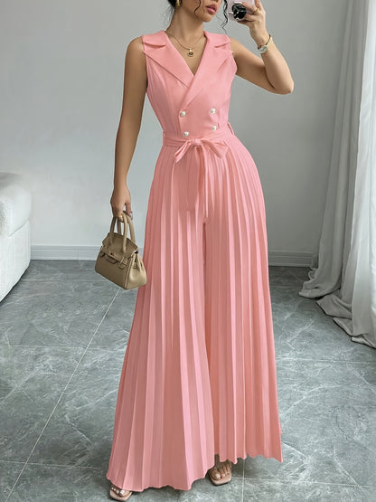 Women'S Elegant Double-Breasted Jumpsuit - Beige/Neutral Tones, Structured Formal & Casual Outfit with Belted Waist, Office Party Wedding Attire for Spring/Fall Seasons, Spring Fashion, Classic Silhouette, Polished Finish, Ve