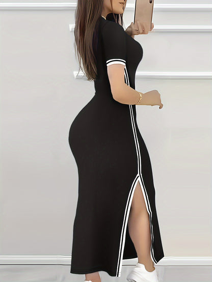 Contrast Trim Split Hem Bodycon Dress, Elegant Crew Neck Short Sleeve Dress For Spring & Summer, Women's Clothing