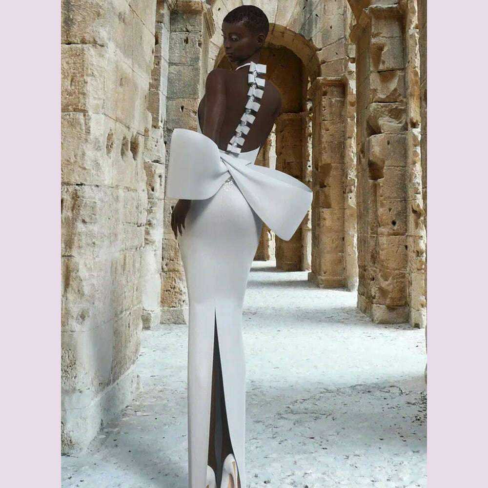 Bandage Dress 2024 Women Celebrity Sexy Backless Bow Tie White Maxi Long Bodycon Elegant Evening Club Party Dress