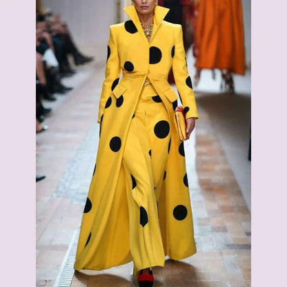 Beautyblue Polka-Dot Woolen Coat Women's Long Jacket 2025 New Split-Joint Long Sleeves Lapel Elegant Yellow Outerwears Female