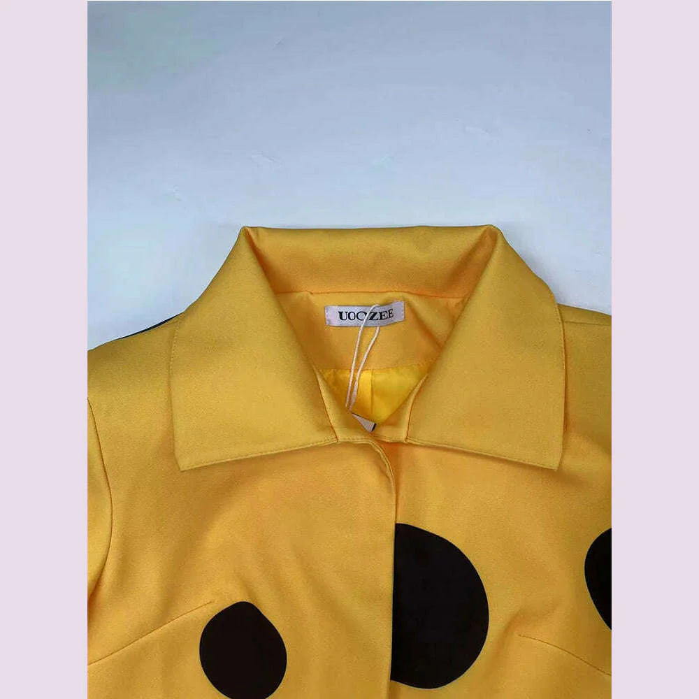 Beautyblue Polka-Dot Woolen Coat Women's Long Jacket 2025 New Split-Joint Long Sleeves Lapel Elegant Yellow Outerwears Female