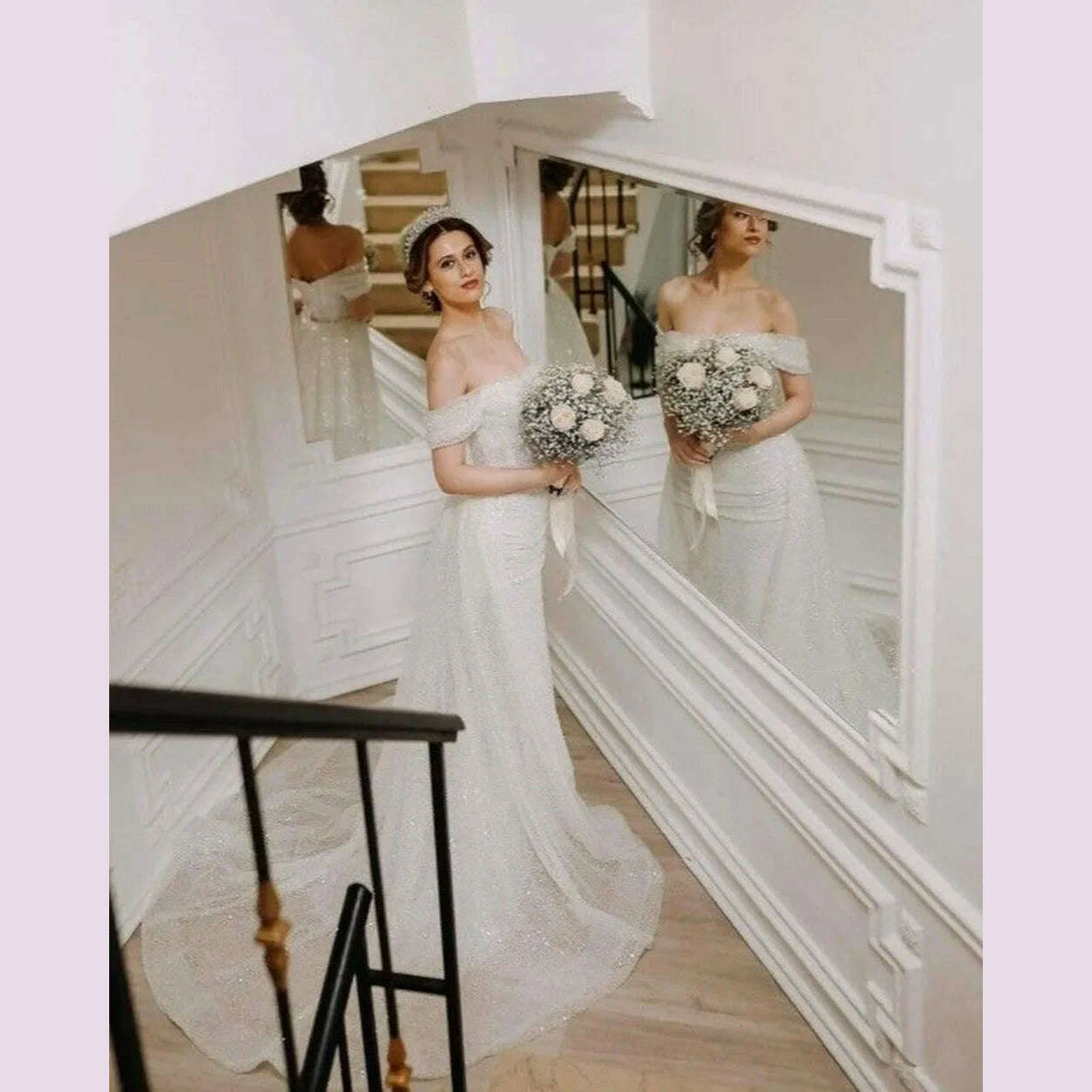 Bella White Glitter Prom Dresses Shiny Sequins Mermaid Wedding Dress Customized Long Train Off Shoulder Vestidos De Fiesta 2024