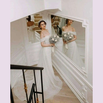 Bella White Glitter Prom Dresses Shiny Sequins Mermaid Wedding Dress Customized Long Train Off Shoulder Vestidos De Fiesta 2024