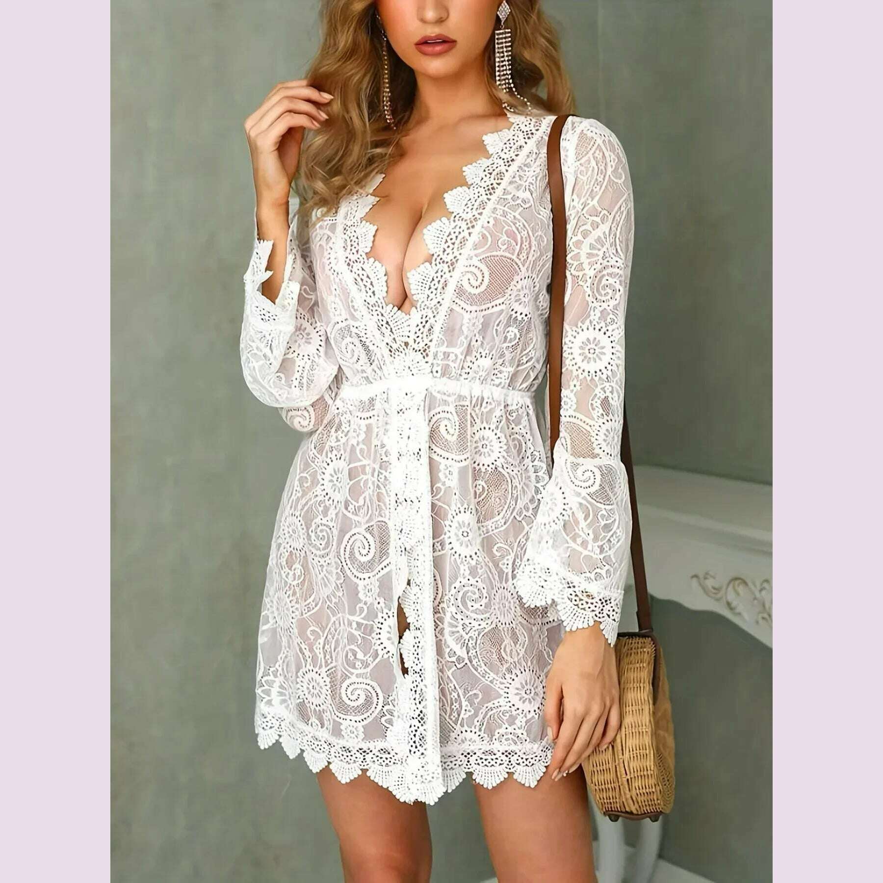 Bikini Cover Ups for Women Beach Sundress Boho Crochet White Knitted V-neck Scallop Trim Lace Dress Tunic Pareos Robe Beachwear