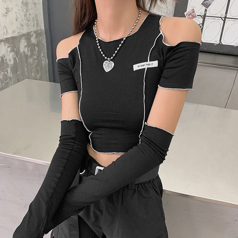 Off Shoulder Hollow Crew Neck T-shirt, Casual Loose Long Sleeve Fashion Summer Slim Bottoming T-Shirts Tops, Women's Clothing