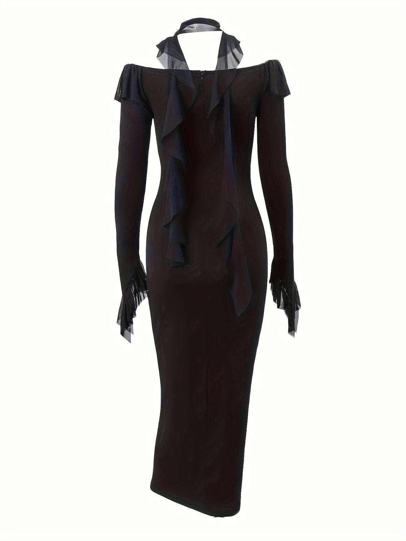 Off-shoulder Ruffle Trim Dress, Lace Decor Long Sleeve Bodycon Dress, Women's Clothing