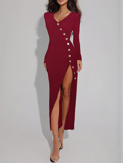 Elegant V-Neck Long Sleeve Bodycon Dress with Faux Button Detail - Stretchy Polyester Blend, Machine Washable - Perfect for Fall