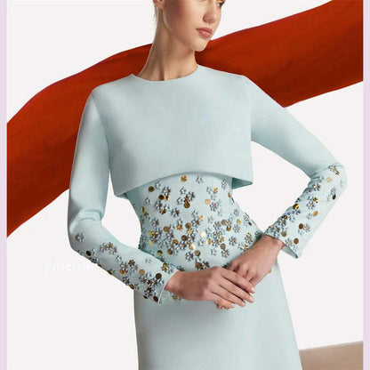 Customized Jersey Sequined Flower Beading Ruched Homecoming A-line O-Neck Bespoke Occasion Gown Long Dresses