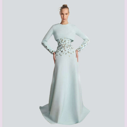 Customized Jersey Sequined Flower Beading Ruched Homecoming A-line O-Neck Bespoke Occasion Gown Long Dresses
