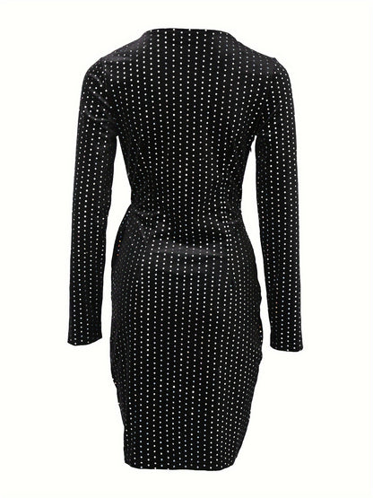 1pc Chic V-Neck Sequin Bodycon Dress, Polyester Knit Fabric with Contrast Sequin Detail, Fall/Winter Solid Color Adult Dress