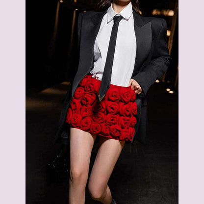 DEAT Fashion Three-dimensional Rose Flower Decoration Women's Shorts Mid Waist Red Mini Shorts Skirts Summer 2024 New 7AB3821