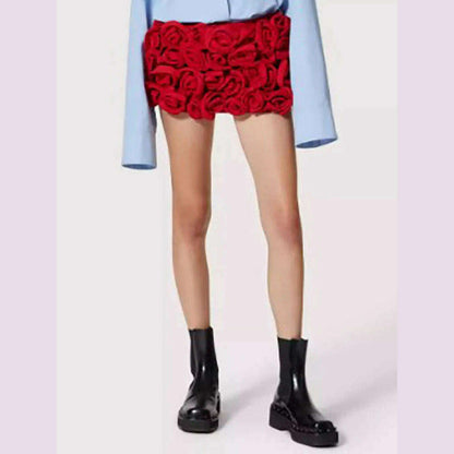 DEAT Fashion Three-dimensional Rose Flower Decoration Women's Shorts Mid Waist Red Mini Shorts Skirts Summer 2024 New 7AB3821