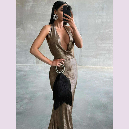 Dulzura Bling Glitter Women Halter Maxi Dress V Neck Backless Long Dress Party Evening Birthday Clothes Elegant Prom Outfit