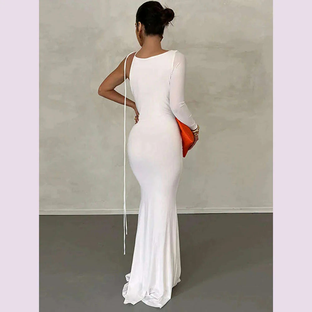 Dulzura Lace Up Long Sleeve One Shoulder Maxi Dress For Women Bodycon Party Elegant Outfits Birthday Evening 2023 Summer