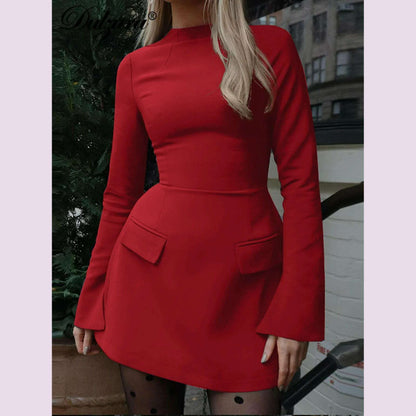 Dulzura Long Sleeves Zipper Bodycon Mini Dress With Pocket Solid Elegant Outfit Office Streetwear Women’S Autumn Winter Clothes