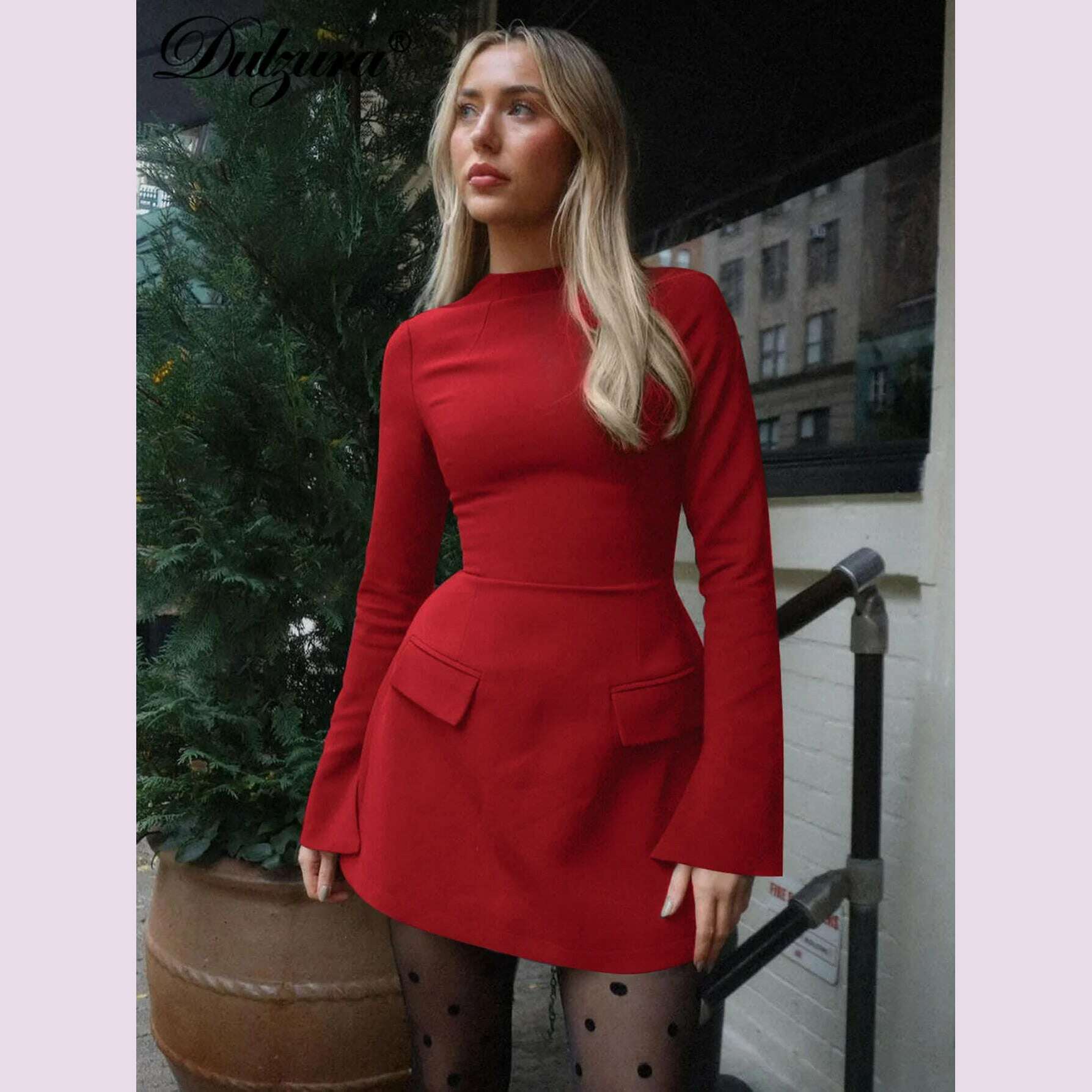 Dulzura Long Sleeves Zipper Bodycon Mini Dress With Pocket Solid Elegant Outfit Office Streetwear Women’S Autumn Winter Clothes