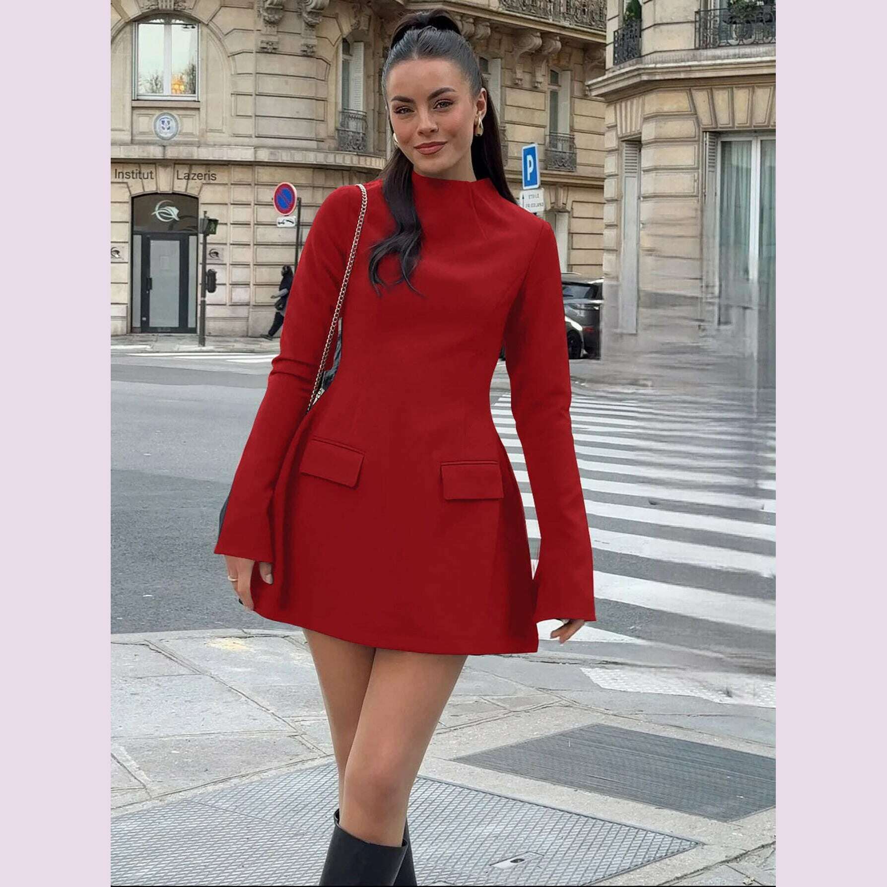 Dulzura Long Sleeves Zipper Bodycon Mini Dress With Pocket Solid Elegant Outfit Office Streetwear Women’S Autumn Winter Clothes