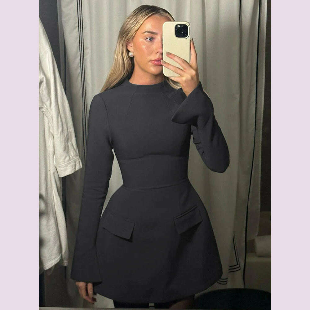 Dulzura Long Sleeves Zipper Bodycon Mini Dress With Pocket Solid Elegant Outfit Office Streetwear Women’S Autumn Winter Clothes