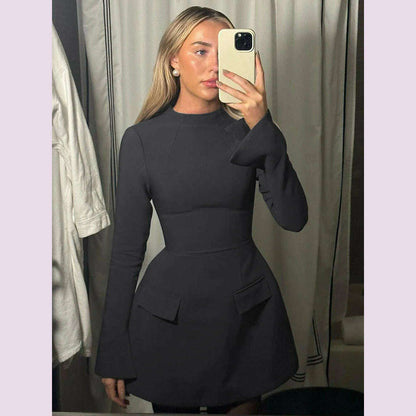 Dulzura Long Sleeves Zipper Bodycon Mini Dress With Pocket Solid Elegant Outfit Office Streetwear Women’S Autumn Winter Clothes