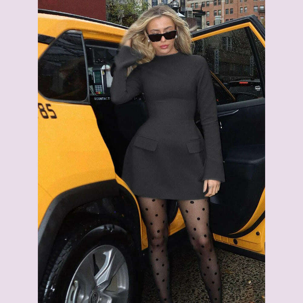 Dulzura Long Sleeves Zipper Bodycon Mini Dress With Pocket Solid Elegant Outfit Office Streetwear Women’S Autumn Winter Clothes