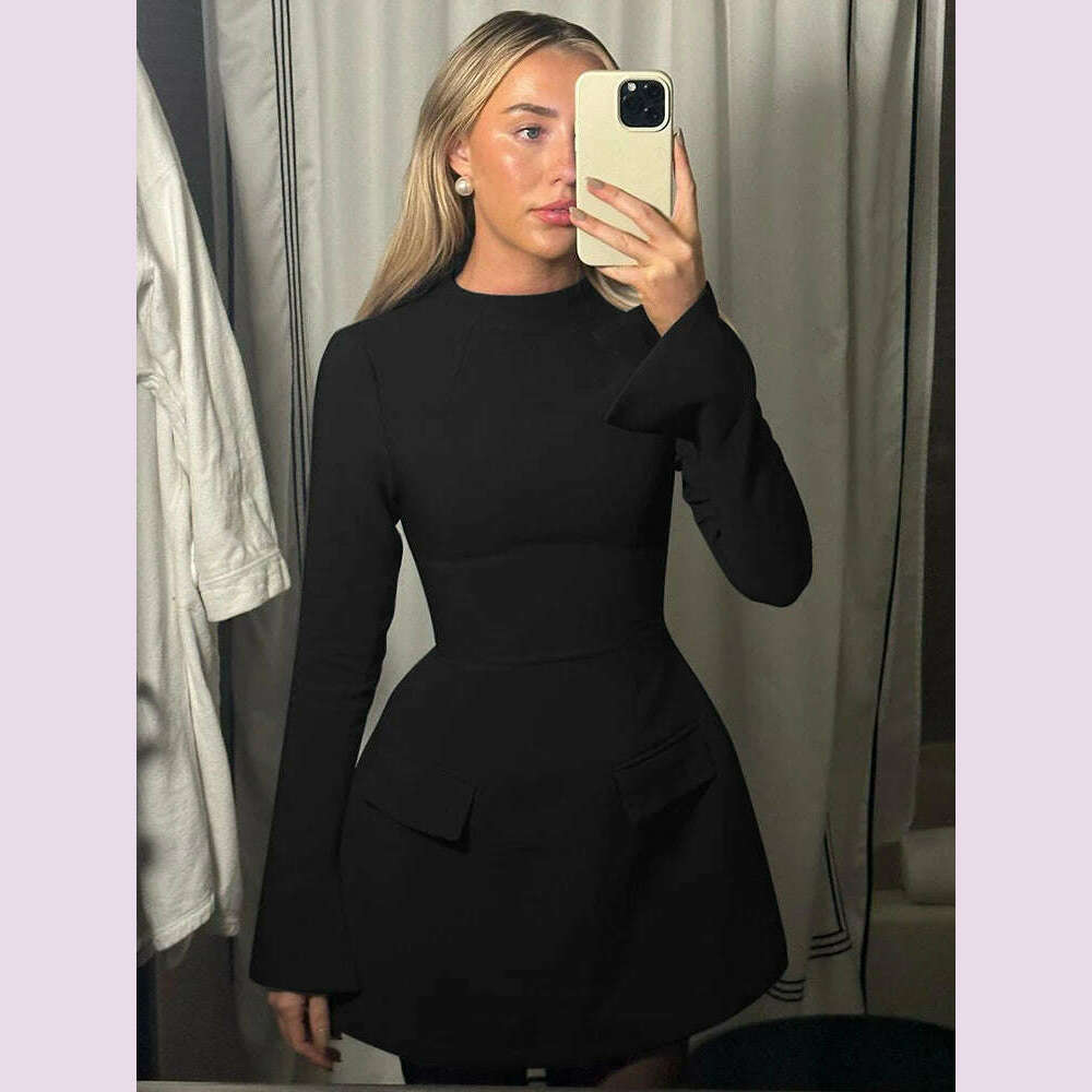 Dulzura Long Sleeves Zipper Bodycon Mini Dress With Pocket Solid Elegant Outfit Office Streetwear Women’S Autumn Winter Clothes