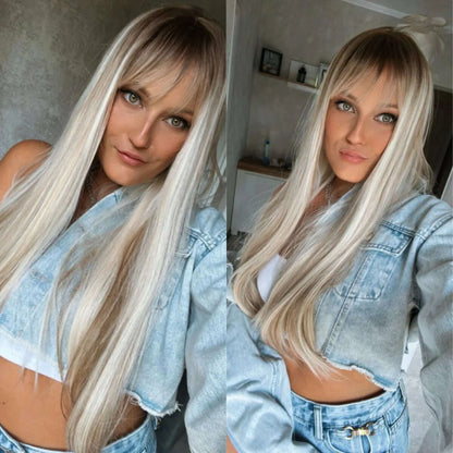 EASIHAIR Long Silver with Blonde Highlight Synthetic Wigs for Women Straight with Bangs Natural Wigs Cosplay Hair Heat Resistant