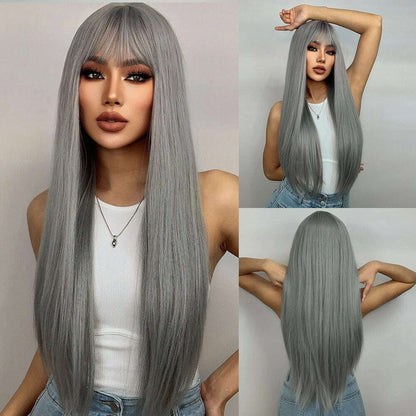 EASIHAIR Long Silver with Blonde Highlight Synthetic Wigs for Women Straight with Bangs Natural Wigs Cosplay Hair Heat Resistant