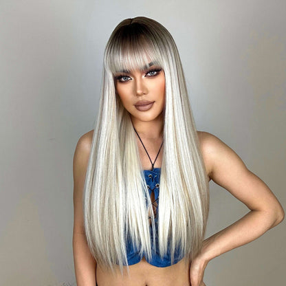 EASIHAIR Long Silver with Blonde Highlight Synthetic Wigs for Women Straight with Bangs Natural Wigs Cosplay Hair Heat Resistant