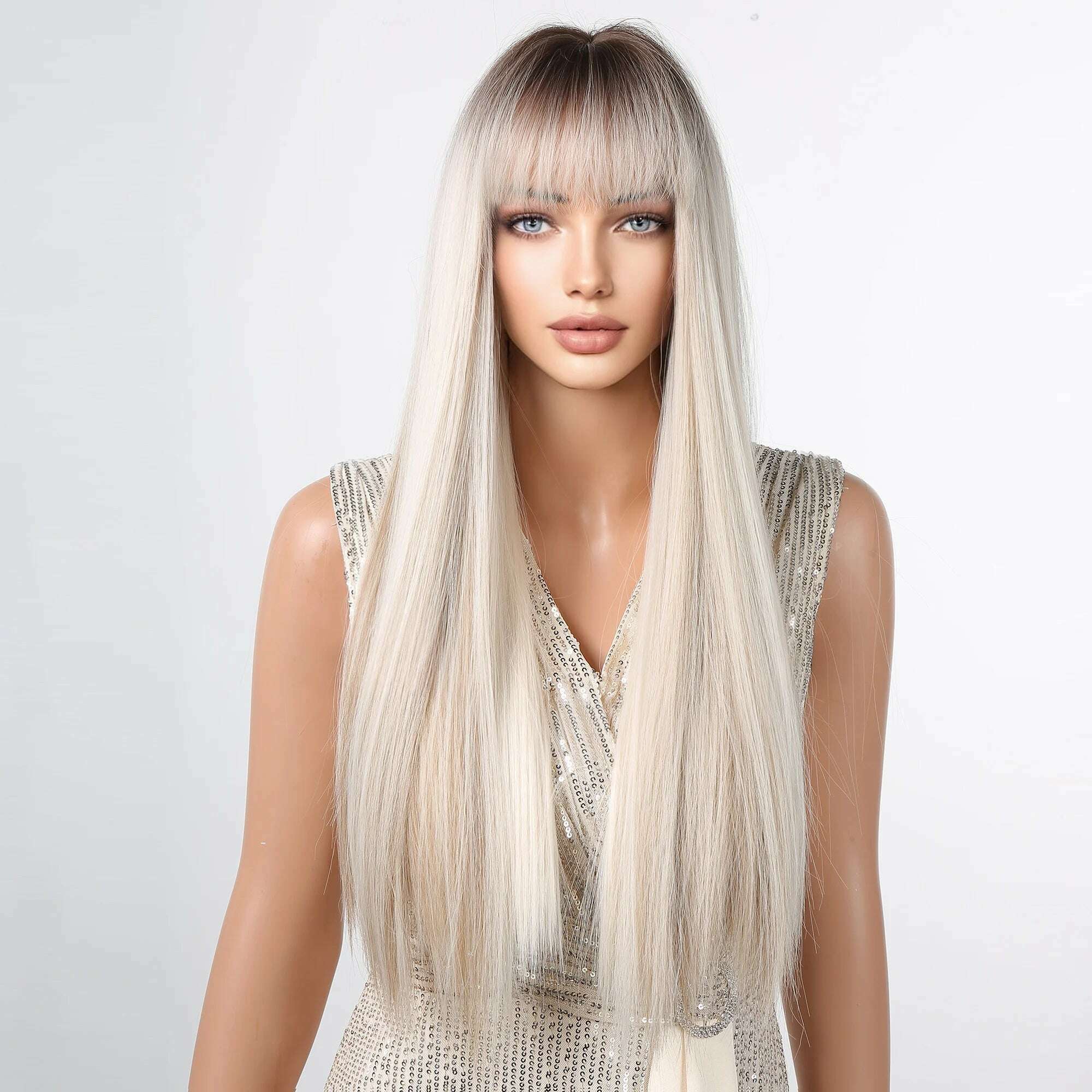 EASIHAIR Long Silver with Blonde Highlight Synthetic Wigs for Women Straight with Bangs Natural Wigs Cosplay Hair Heat Resistant