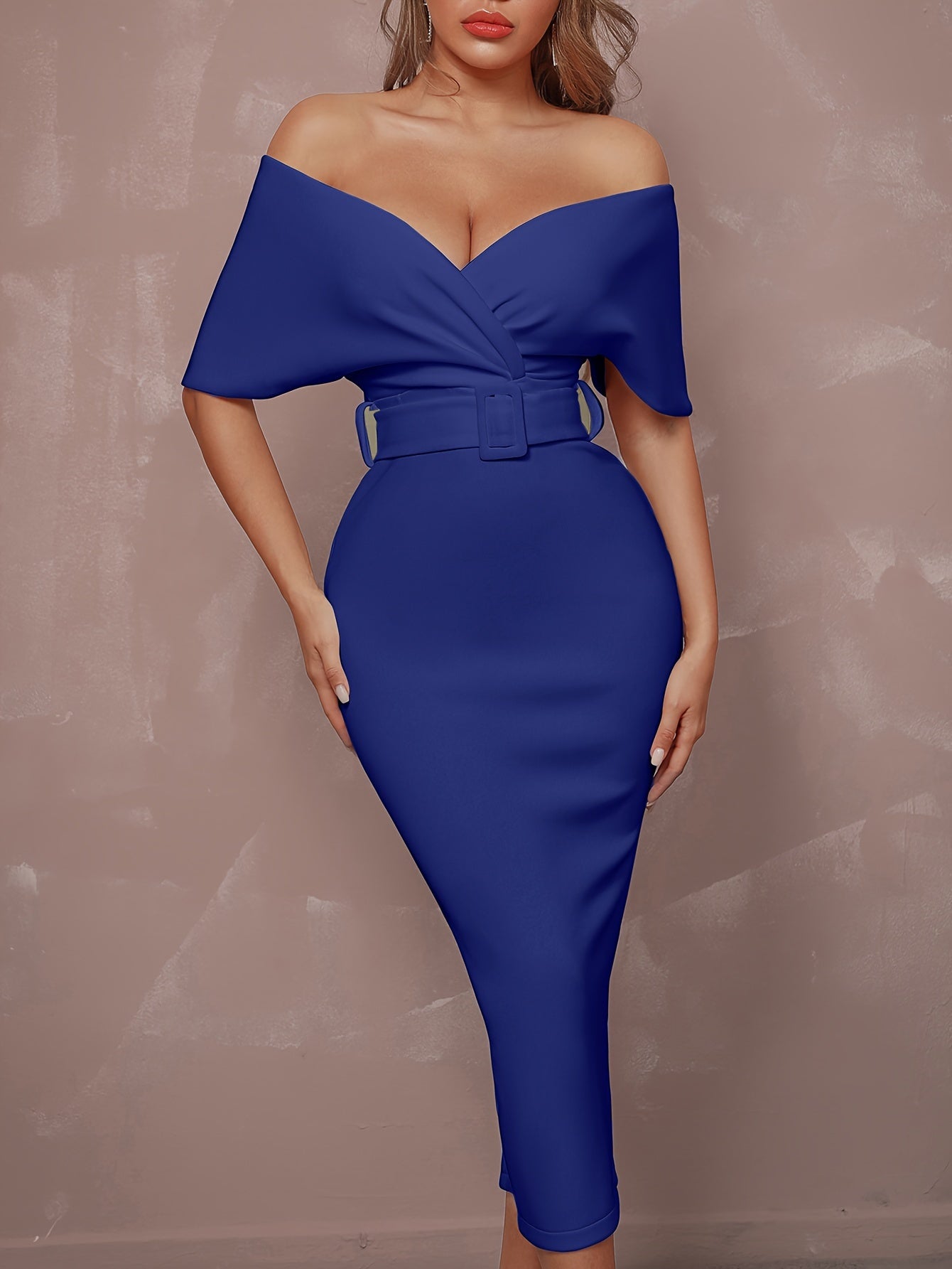 Stunning Off-The-Shoulder Bodycon Dress - V-Neck, Split Hem, Belted Waist, Elegant Design for Wedding Party, Formal Occasions - Women's Clothing, Body-Hugging Silhouette