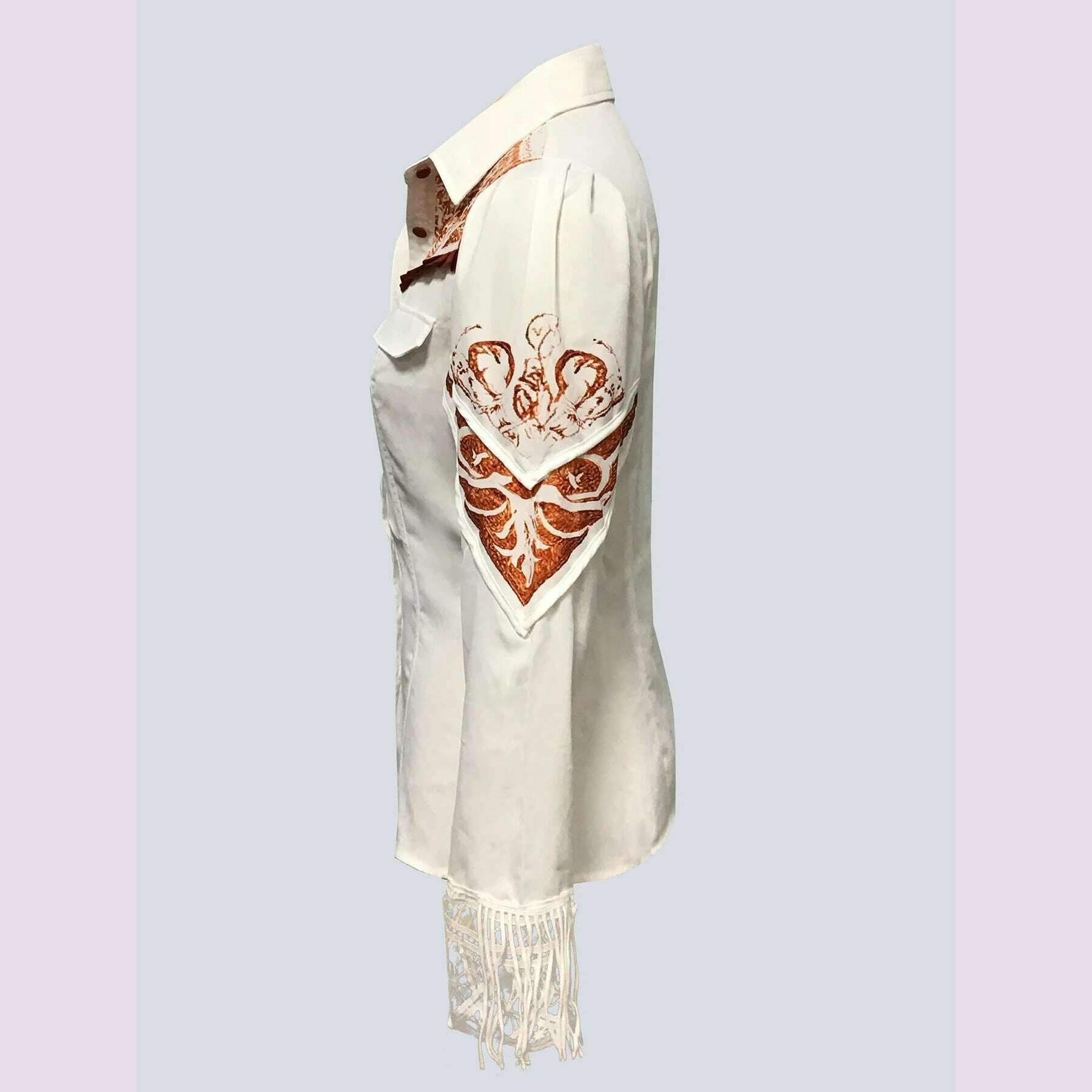 Elegant Chic Women Tops Western Print Button Turndown Collar Slim Waist Shirt Fringed Hollow Long Sleeve Office Lady Blouse