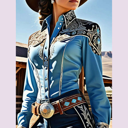 Elegant Chic Women Tops Western Print Button Turndown Collar Slim Waist Shirt Patchwork Long Sleeve Design Vintage Blouse