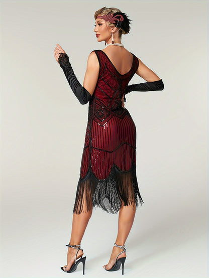 Sequined Fringe Hem Tank Dress, Vintage Sleeveless Bodycon Dress For Banquet & Party, Women's Clothing