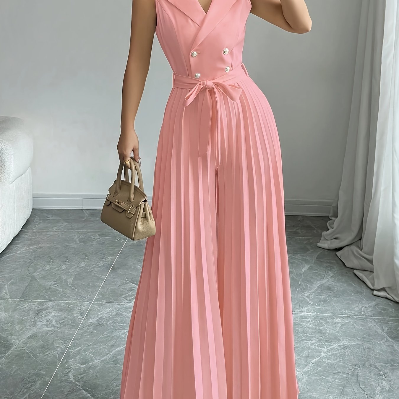 Women'S Elegant Double-Breasted Jumpsuit - Beige/Neutral Tones, Structured Formal & Casual Outfit with Belted Waist, Office Party Wedding Attire for Spring/Fall Seasons, Spring Fashion, Classic Silhouette, Polished Finish, Ve