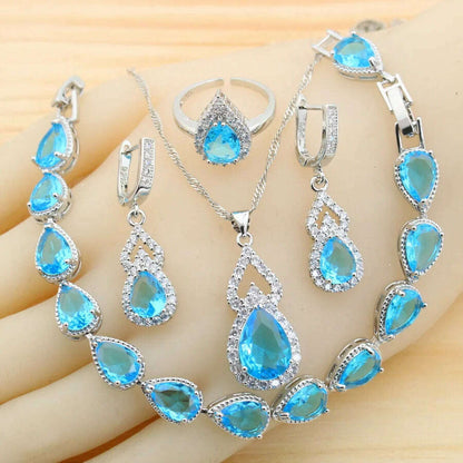 Fashion Sky Blue Water Drop Zirconia 925 Silver Jewelry Sets for Women Earrings Necklace Pendant Ring Bracelet Wedding Gift
