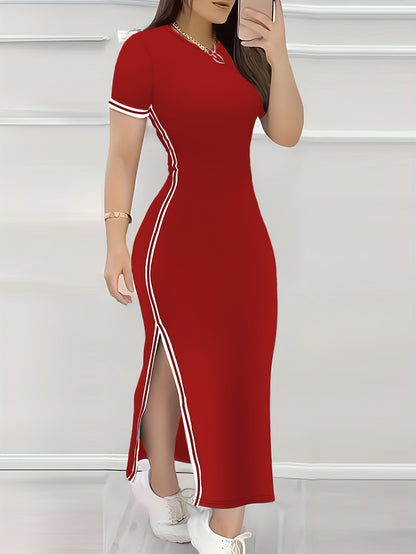 Contrast Trim Split Hem Bodycon Dress, Elegant Crew Neck Short Sleeve Dress For Spring & Summer, Women's Clothing