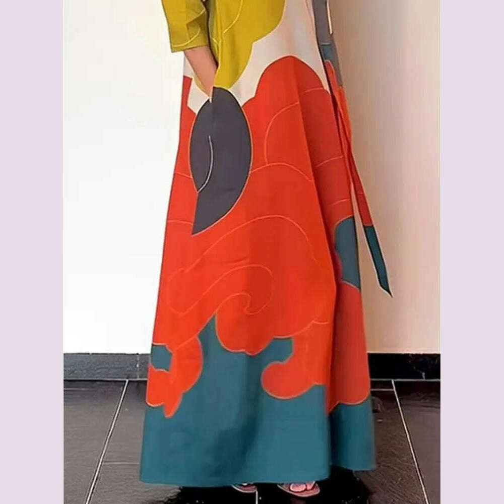 Freeacy 2025 Spring Stylish Dress for Women Contrast Color Long Sleeves Loose Fit Maxi Dress with Scarf Casual Party Dresses