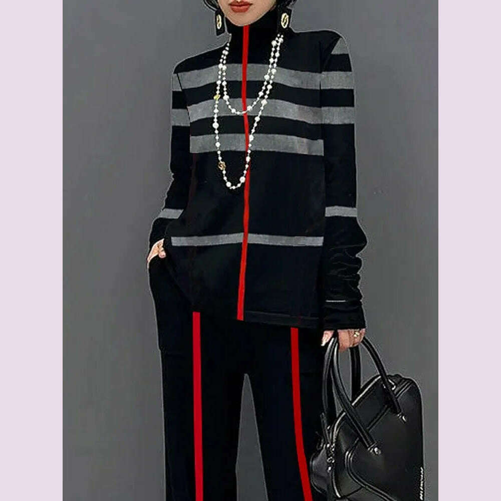 Freeacy Autumn New Women's Casual Shirts High Neck Long Sleeves Loose Fit Striped Pullovers 2024 Fashion Female T-shirt