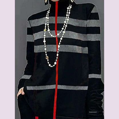 Freeacy Autumn New Women's Casual Shirts High Neck Long Sleeves Loose Fit Striped Pullovers 2024 Fashion Female T-shirt