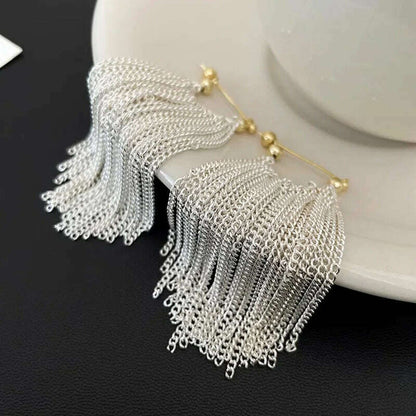 French Luxury Silver Color Chain Waterfall Tassel Long Earrings 2023 New Design Jewelry Party Women's Exaggerated Accessories