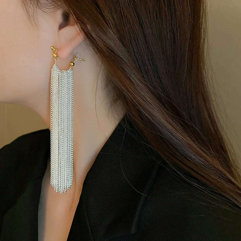 French Luxury Silver Color Chain Waterfall Tassel Long Earrings 2023 New Design Jewelry Party Women's Exaggerated Accessories