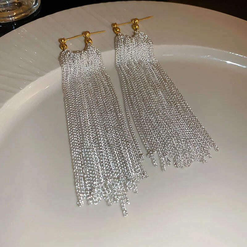 French Luxury Silver Color Chain Waterfall Tassel Long Earrings 2023 New Design Jewelry Party Women's Exaggerated Accessories