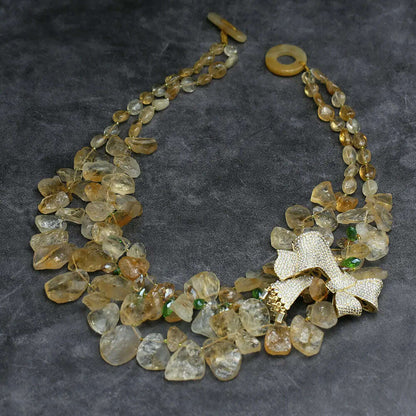 GG 3 Strands Natural Yellow Topaz Citrine Rough Necklace Crystal CZ Pave Butterfly Brooch Pendant Handmade For Women